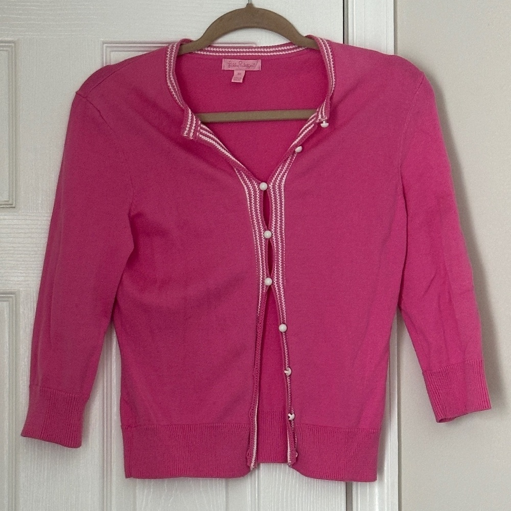 Lilly Pulitzer Pink Pearl Button Cardigan Sweater XS Women | Cropped Classic